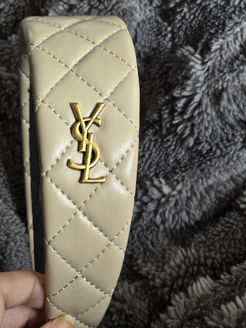 Yves Saint Laurent Quilted Leather Headband in Beige with Gold Logo